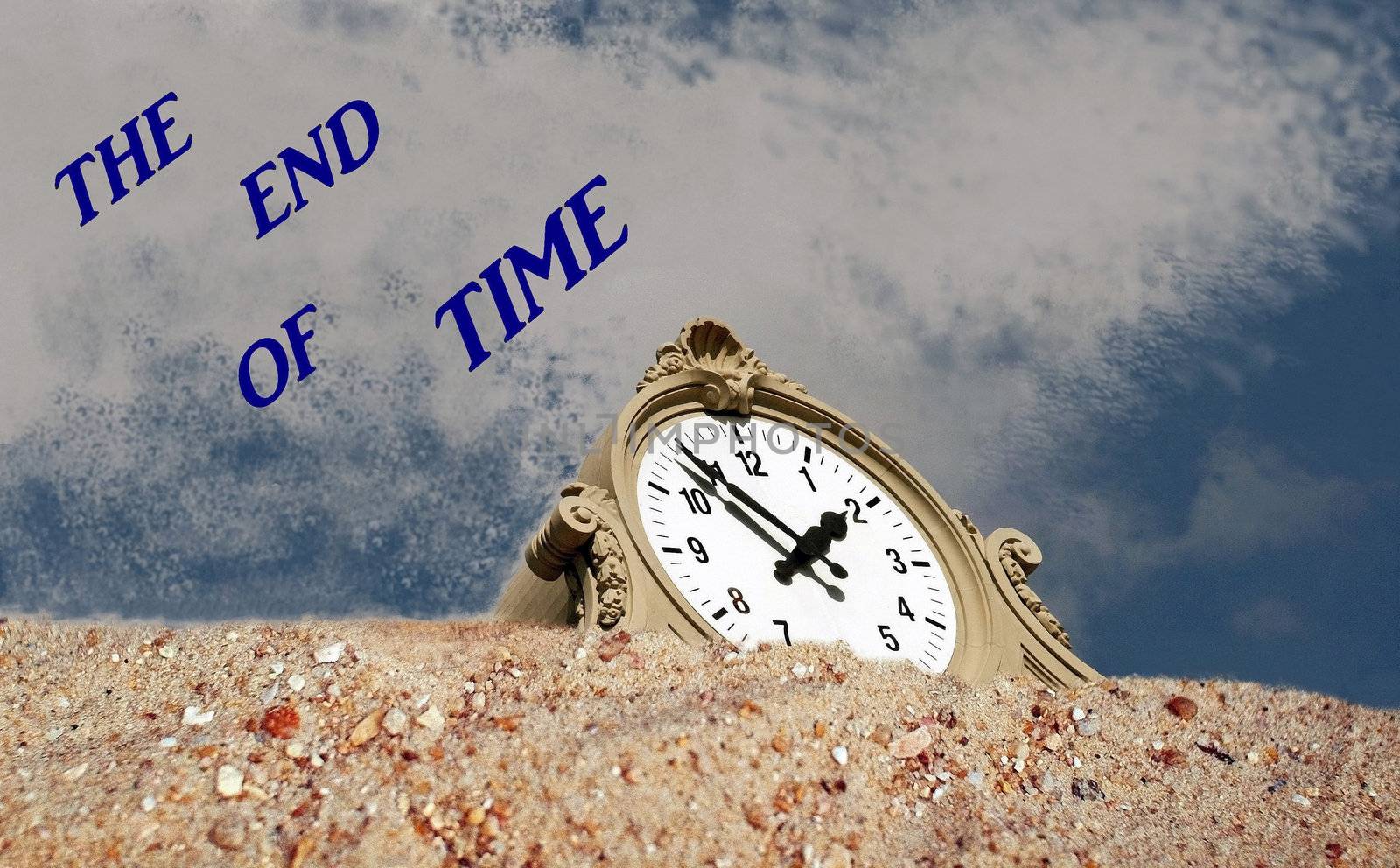 A clock sinks gradually into the sand, The time is stopping, representing the end of our temporary world