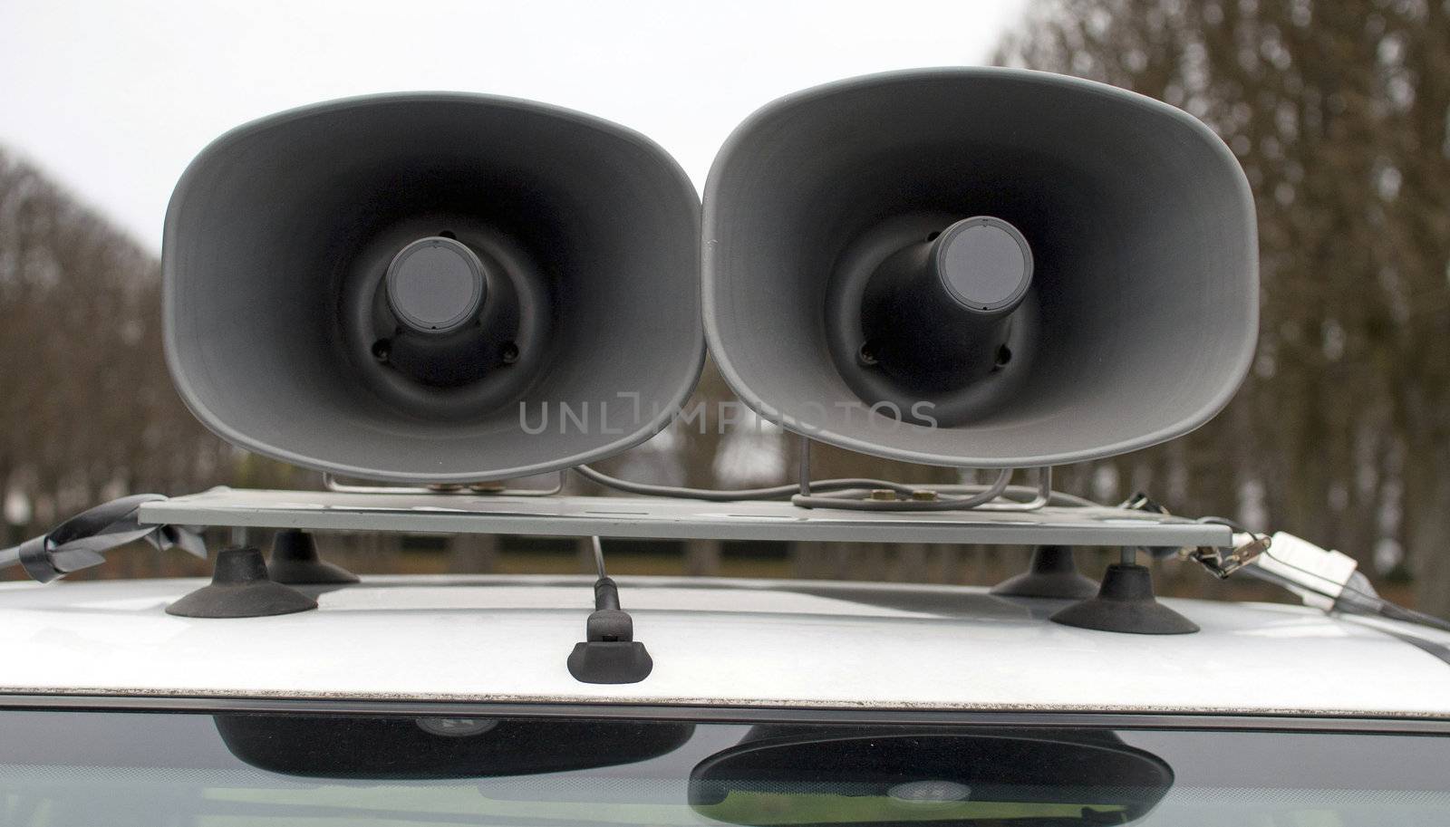 loudspeakers on car during a sports manistestation