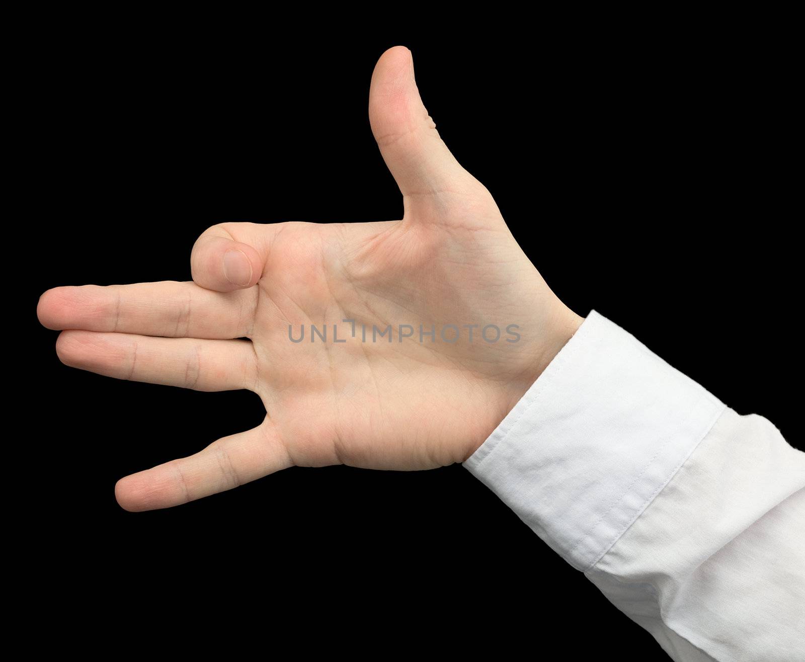 Hand emitting a dog on black background