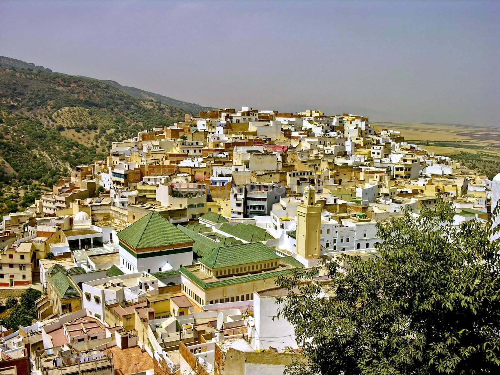 Landscape Hill full of houses in Morocco near Meknes