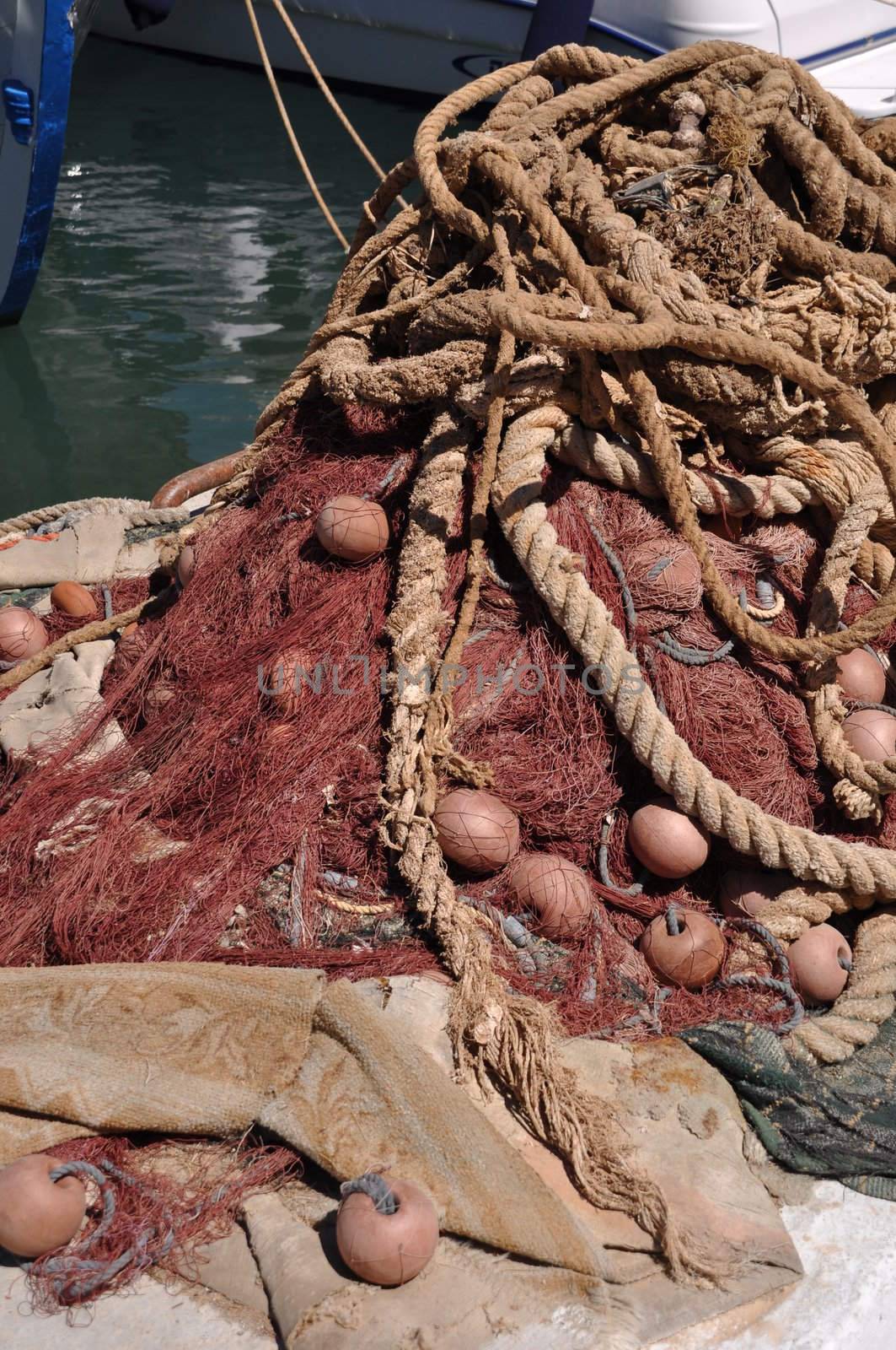 bright brown fishing net on Kalymnos island, Greece