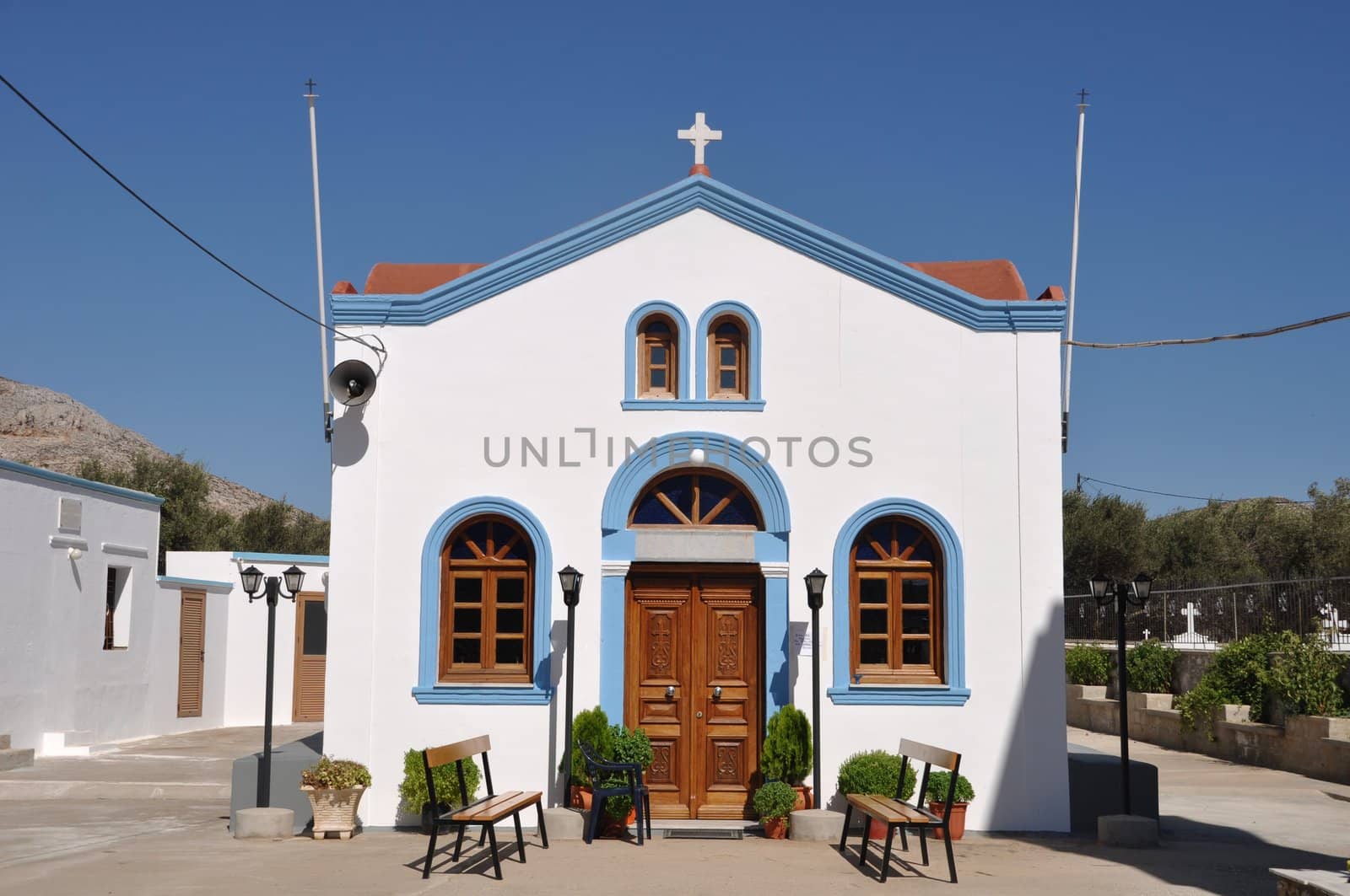 beautiful blue and white church in Pserimos island, Greece