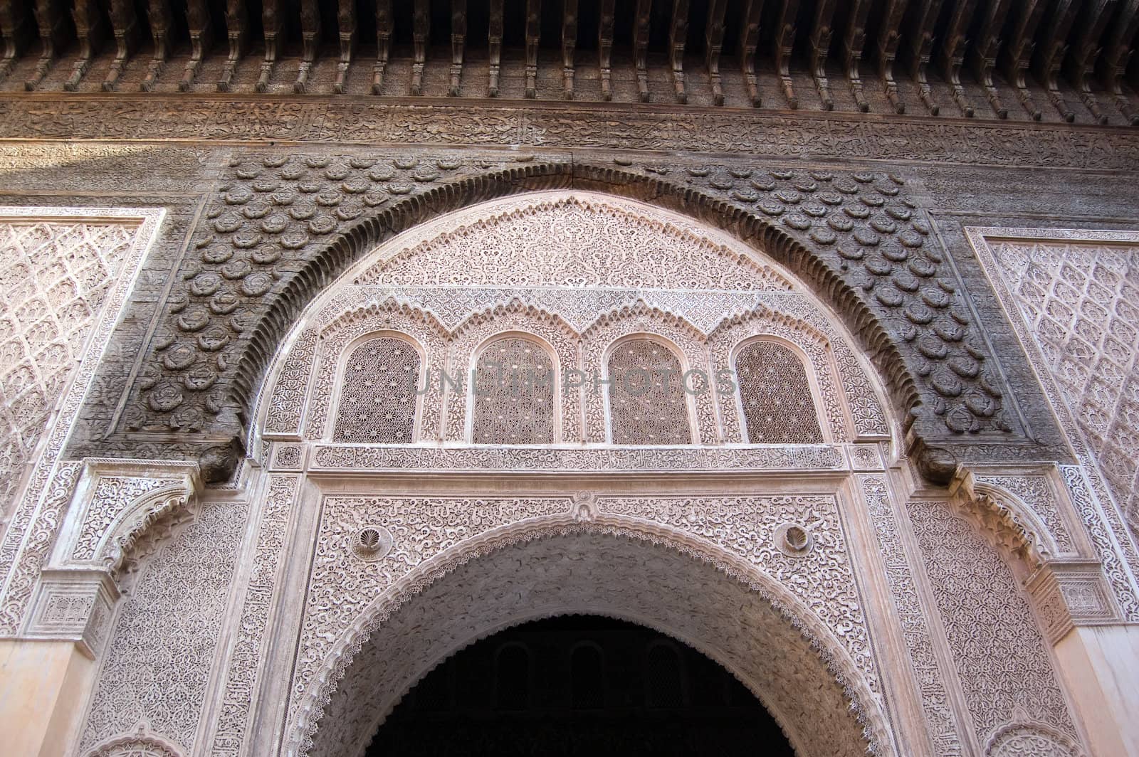 The Ben Youssef Medersa, an Islamic school attached to the Ben Youssef Mosquein in Marrakesh, arch detail