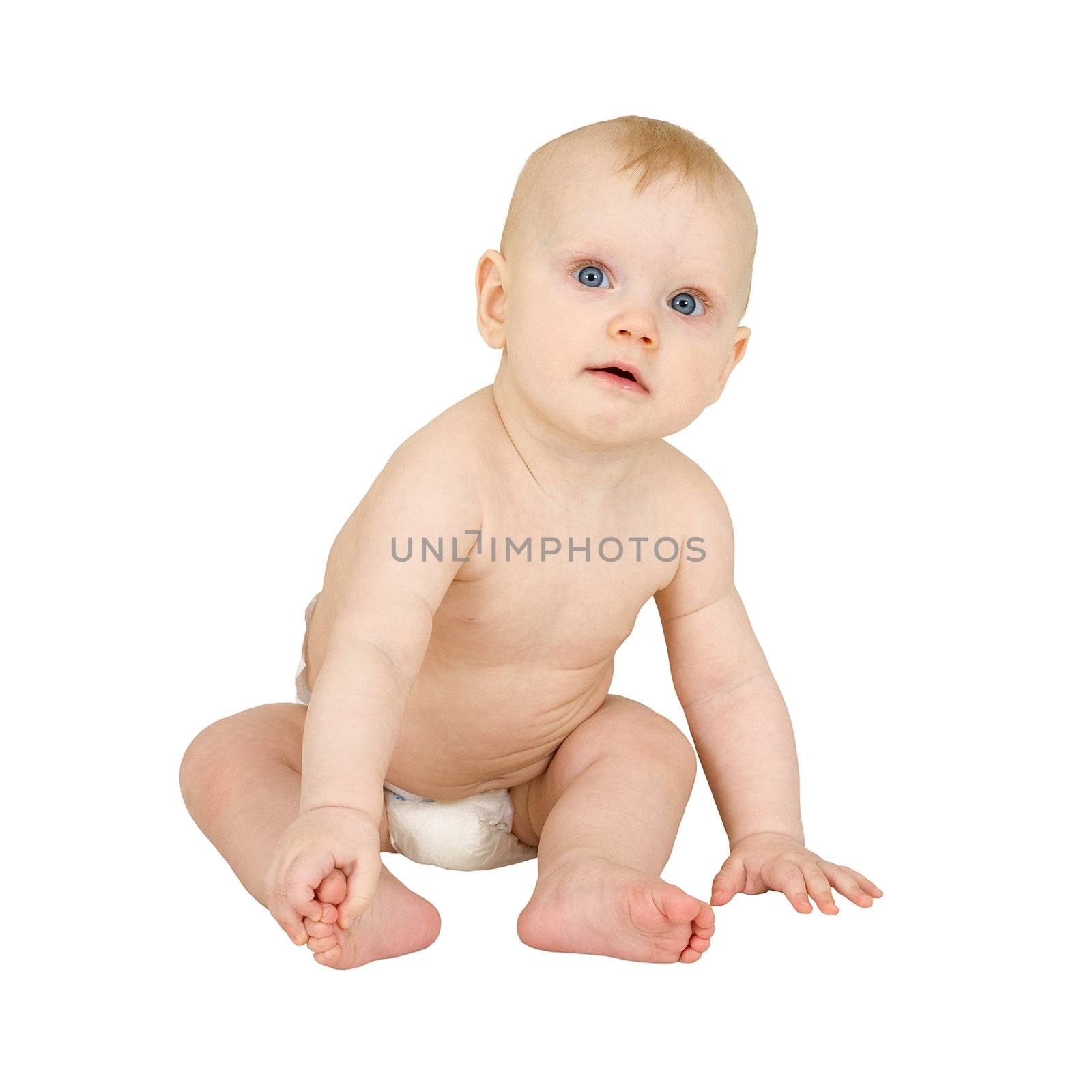 Infant to sit in nappy on the white background