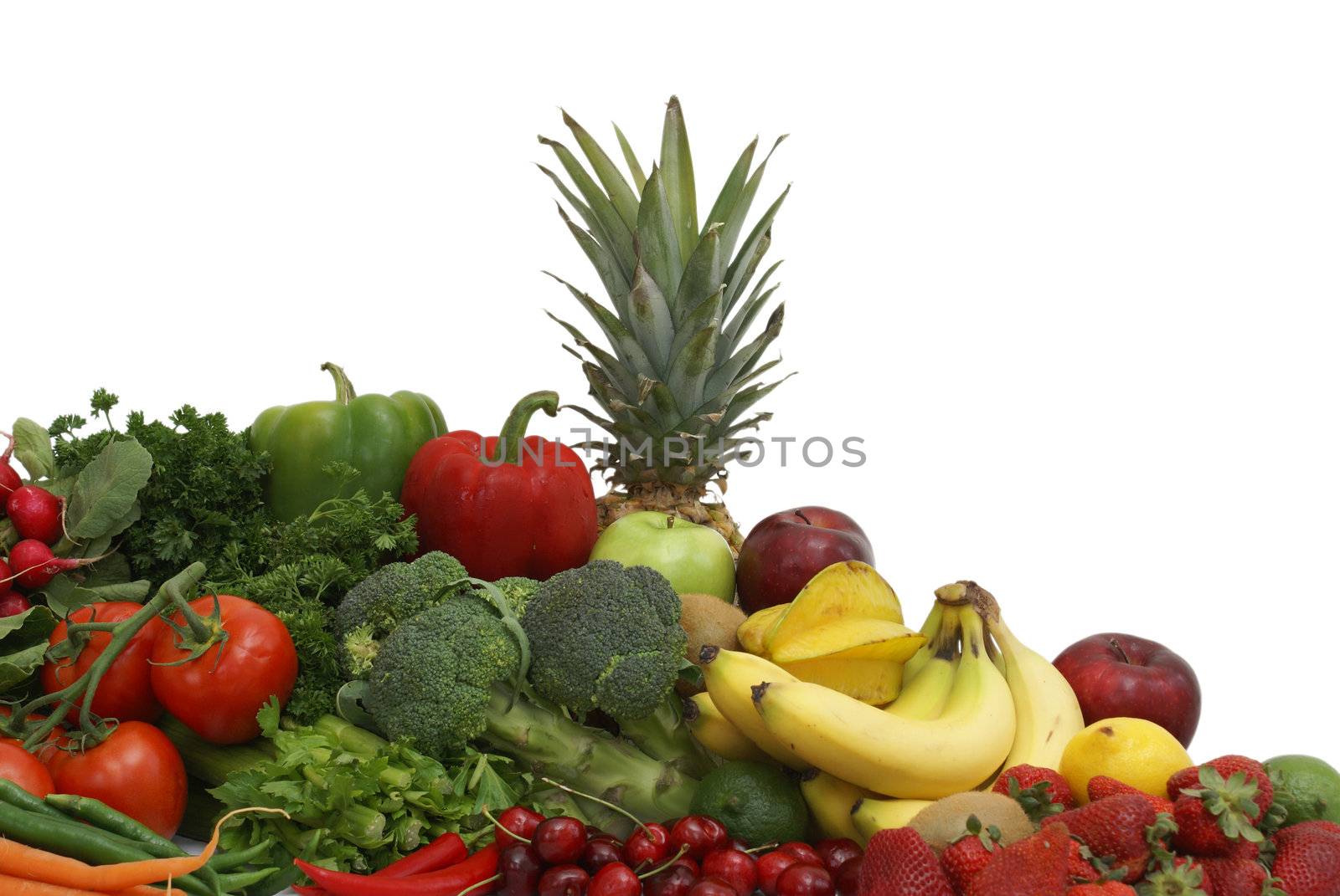 A variety of fruits and vegetables arranged on white background.