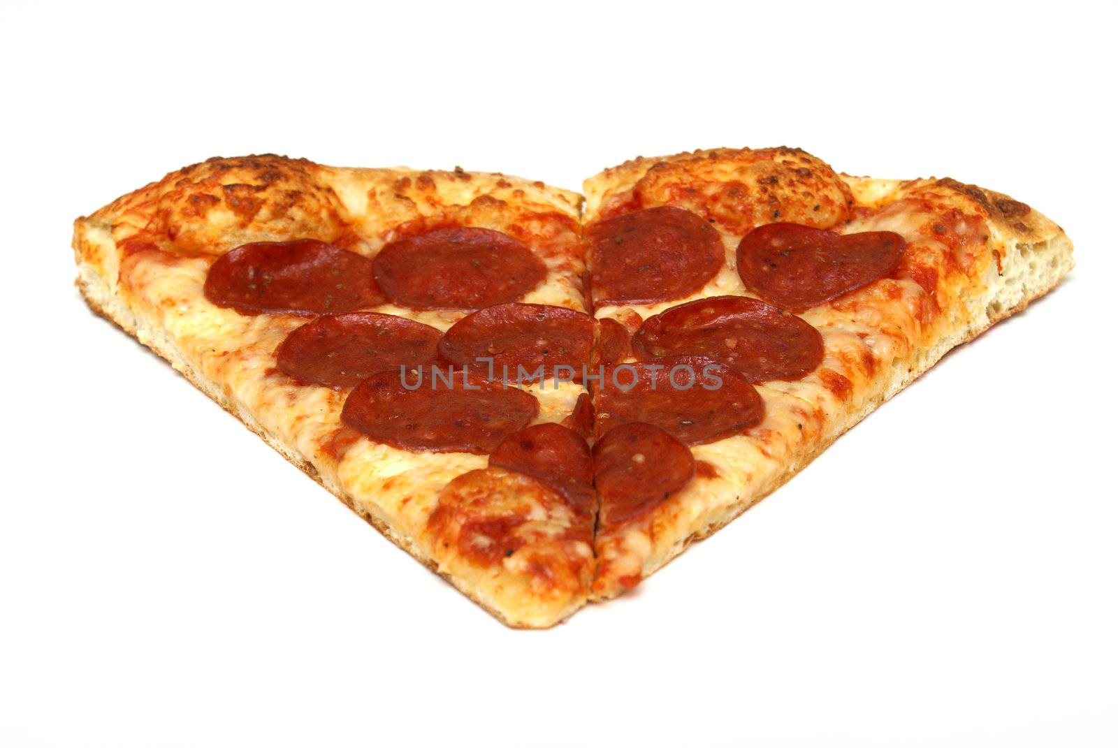 A slice of pepperoni pizza over white background.