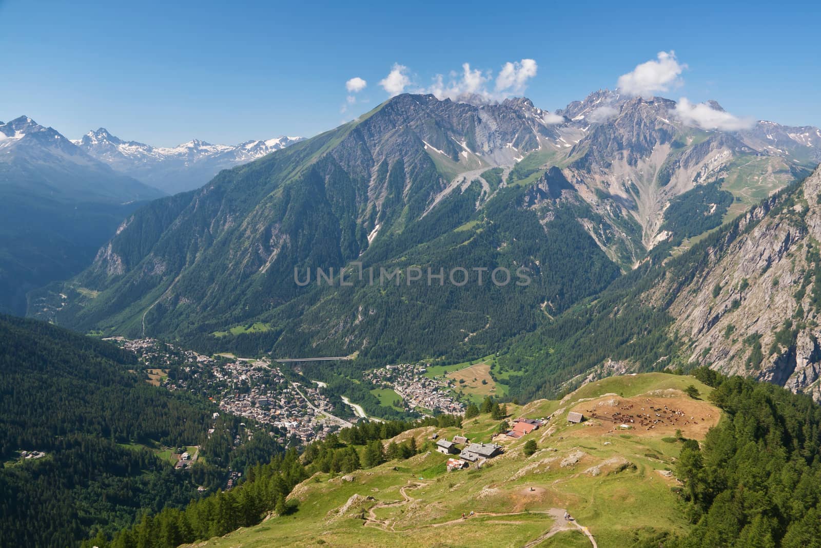 aerial view of Courmayeur, famous little town in Aosta Valley