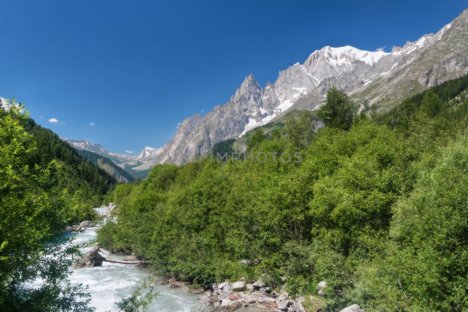 small stream in Ferret valley on summer with Mont Blanc on background