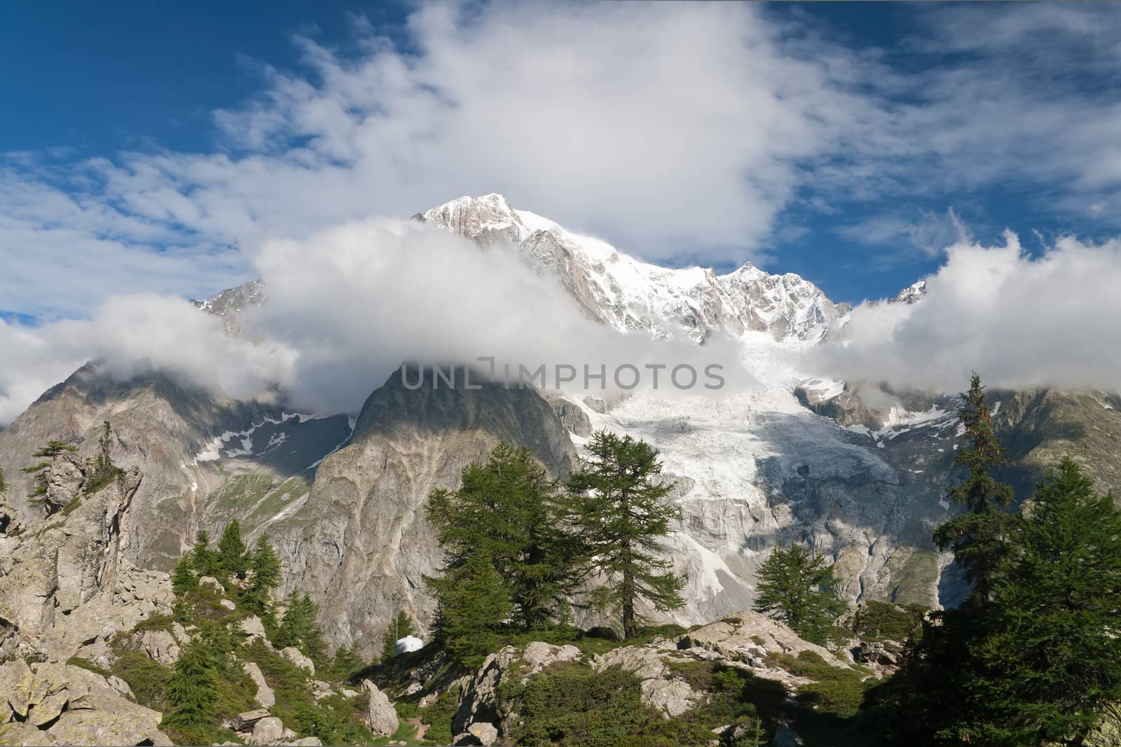 summer view Mont Blanc from Veny valley, Courmayeur, Italy