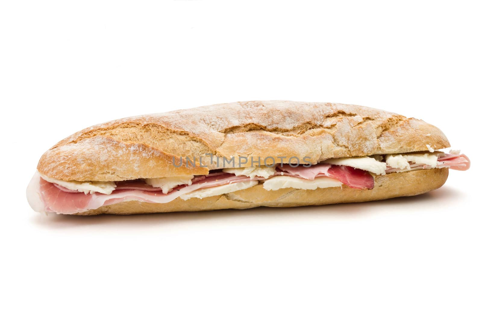 sandwich with mozzarella cheese and ham isolated on white background with clipping path