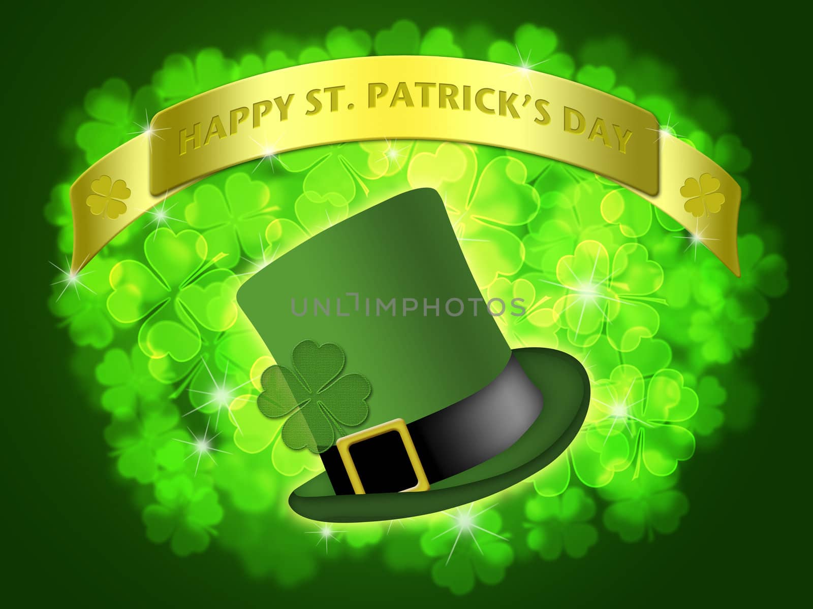 St Patricks Day Leprechaun Hat Banner with Shamrocks Bokeh Illustration