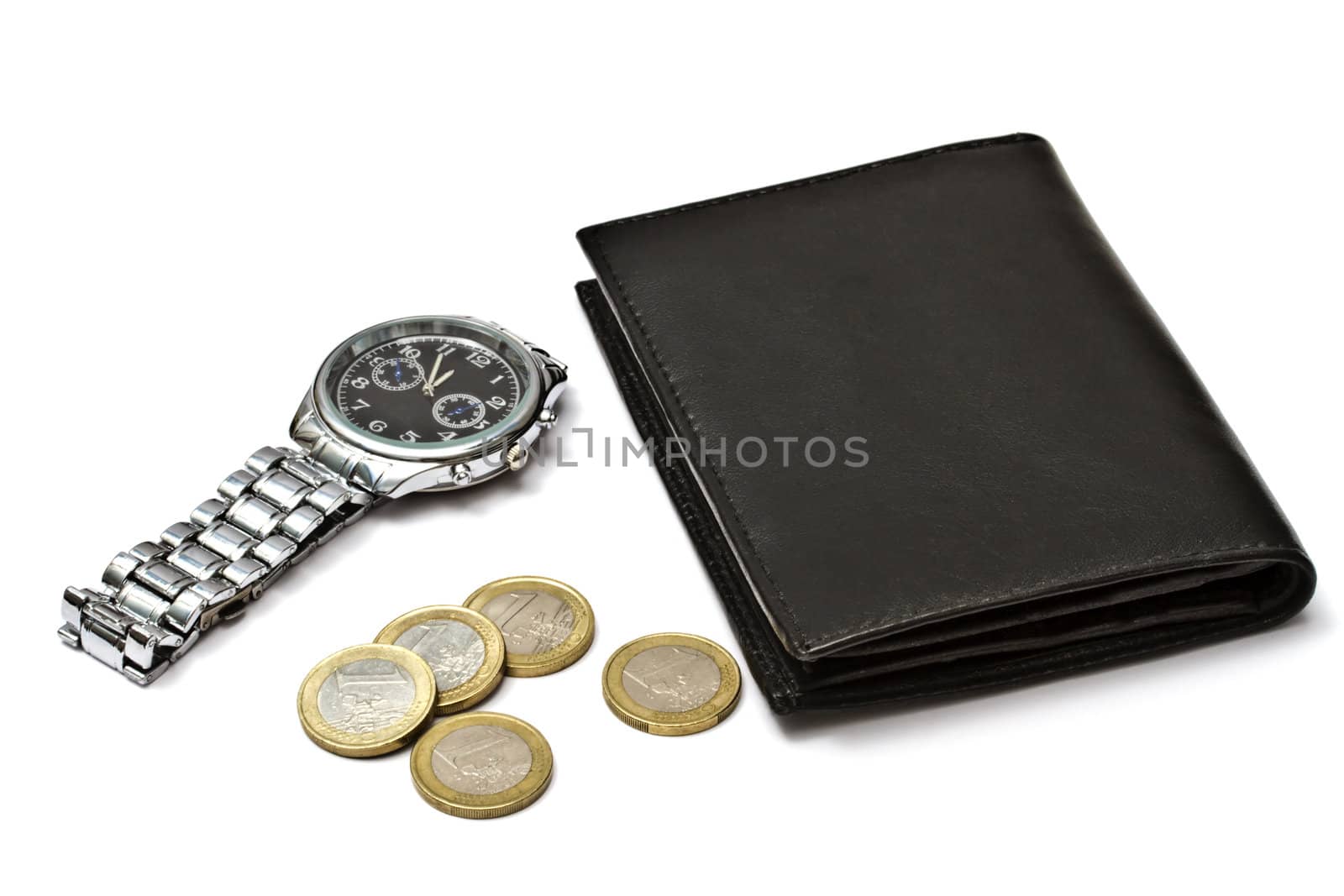 Black wallet,watch and coins isolated on white