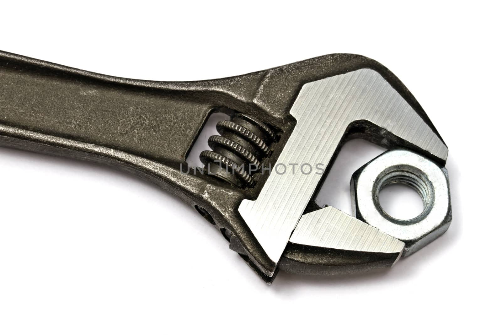 A Wrench closeup isolated on white background 
