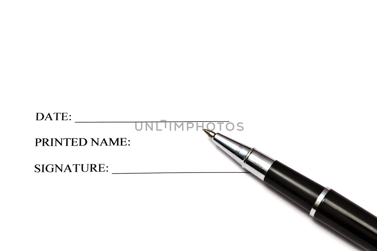 A pen isolated on a blank signature paper 
