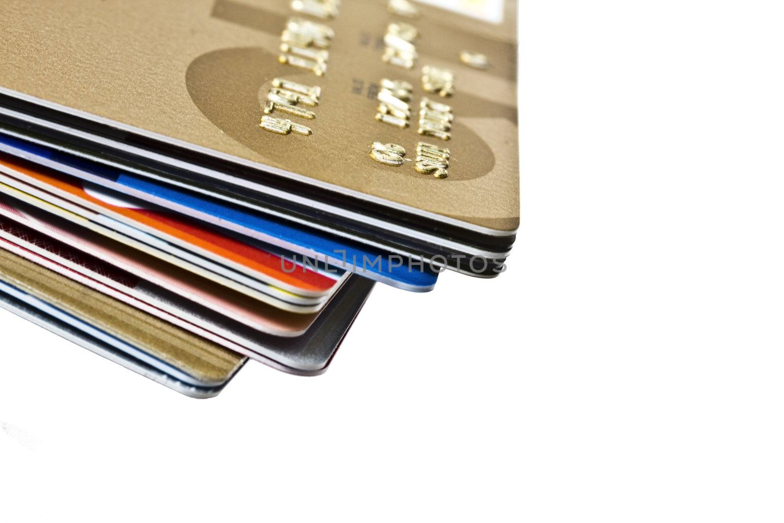 Different credit Cards closeup on white background 