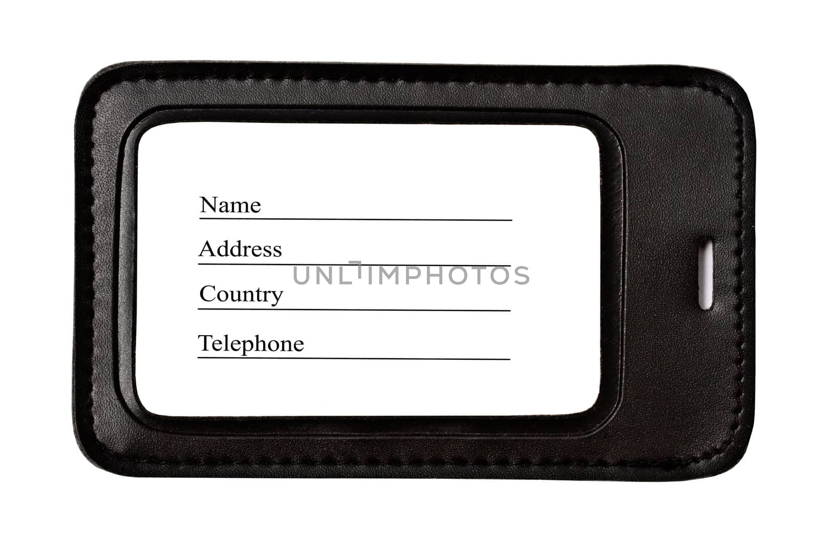 Black leather Luggage tag isolated on white background 

