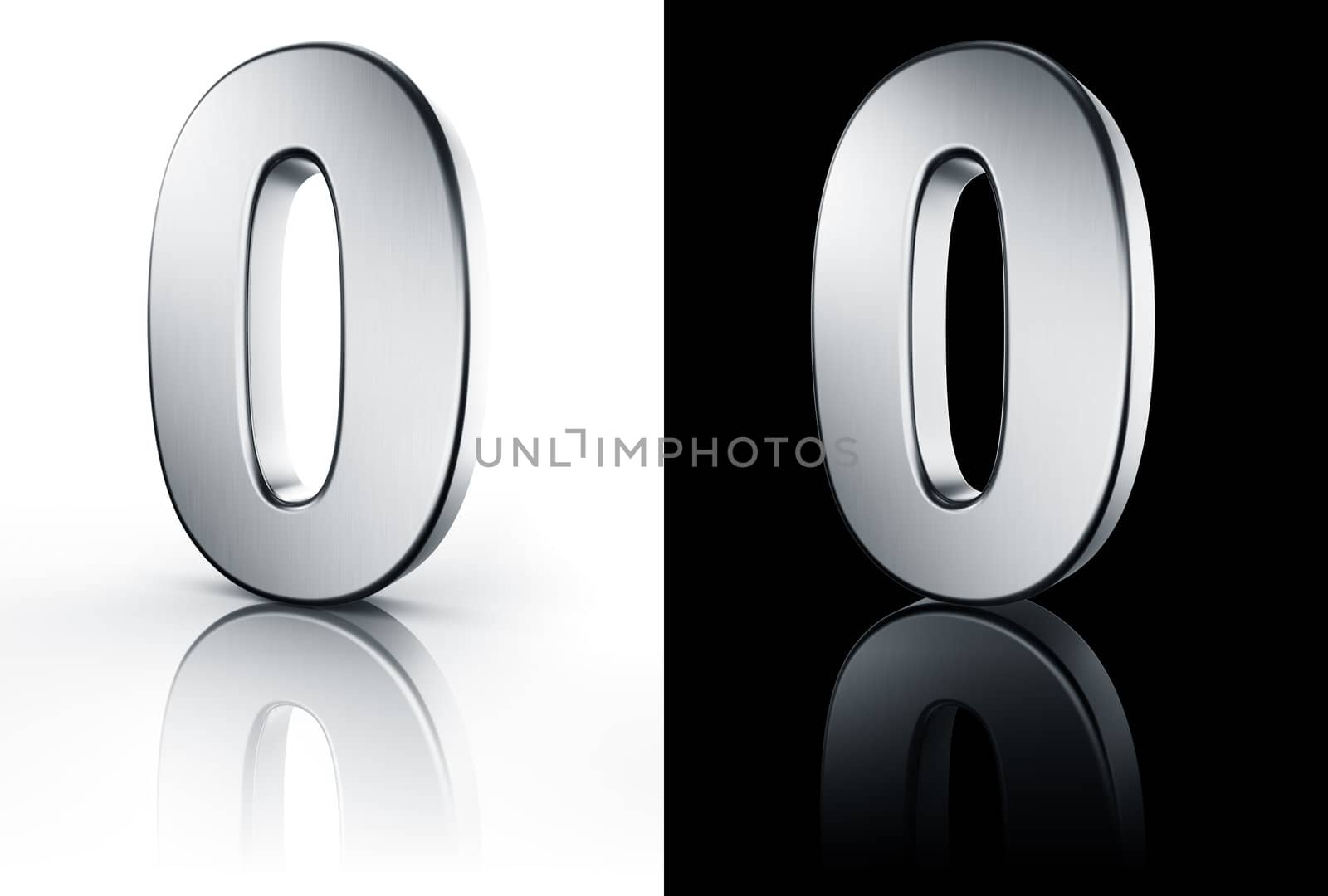 3d rendering of the number 0 in brushed metal on a white and black reflective floor.