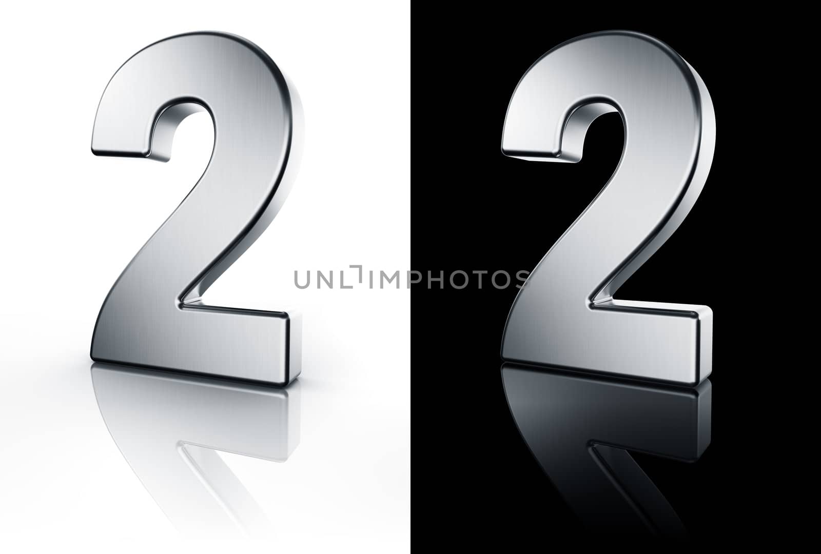 3d rendering of the number 2 in brushed metal on a white and black reflective floor.