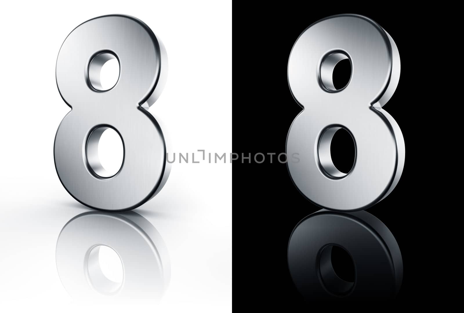 3d rendering of the number 8 in brushed metal on a white and black reflective floor.