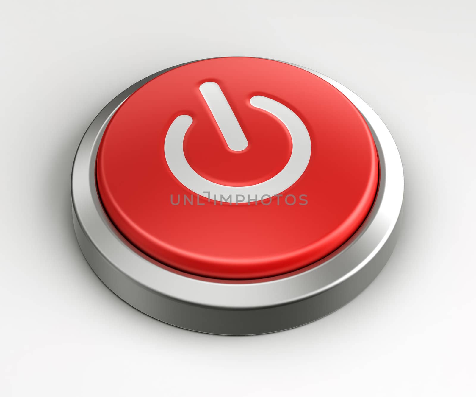 3d rendering of a red button with an on off logo on it.