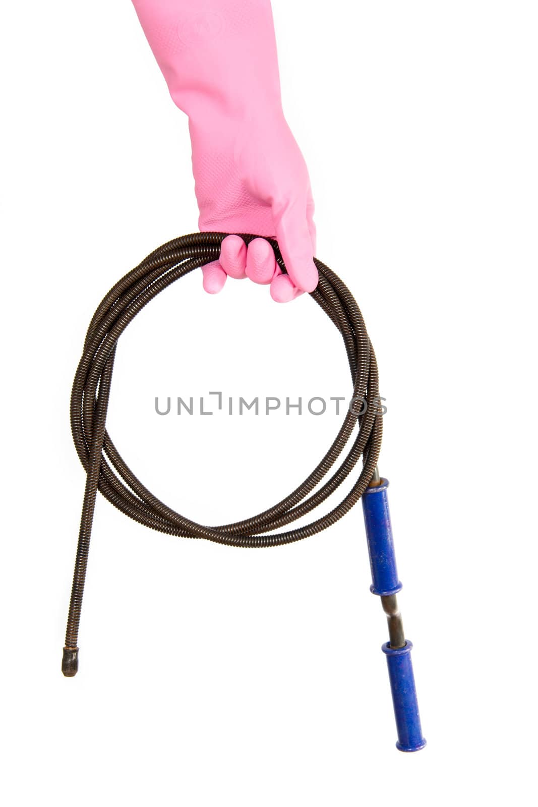 Female hand in a pink glove keeps a hawser for the water drain, isolated, on a white background
