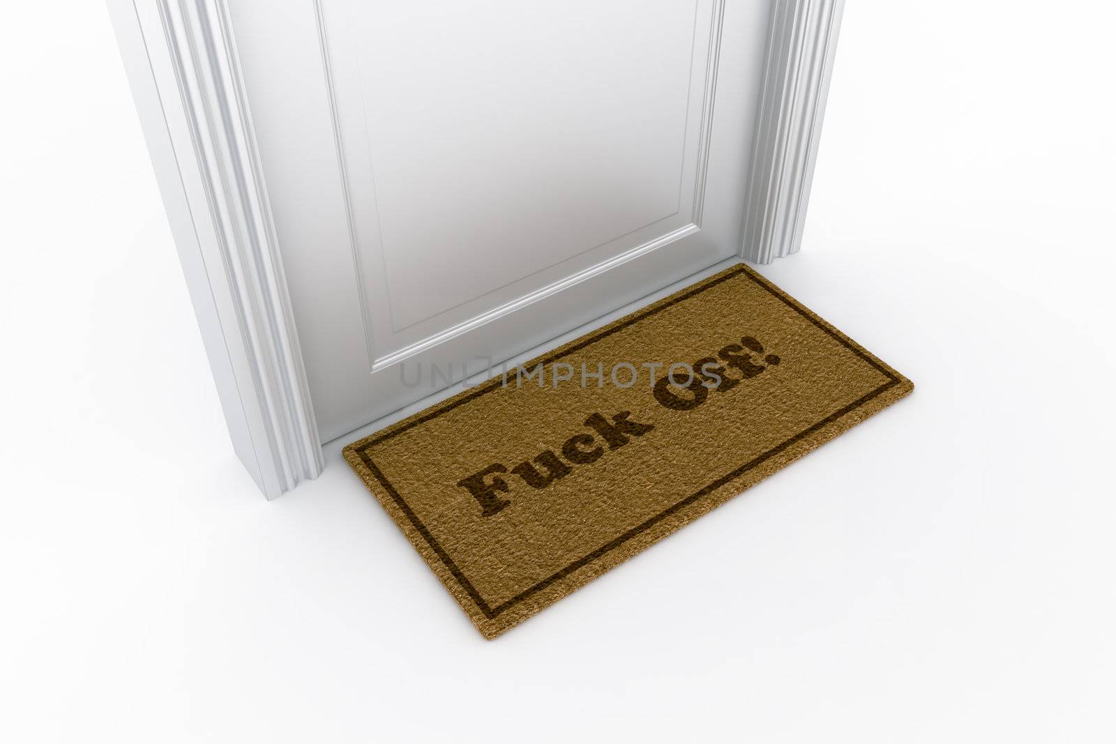 3d rendering of a door with a "fuck off" doormat