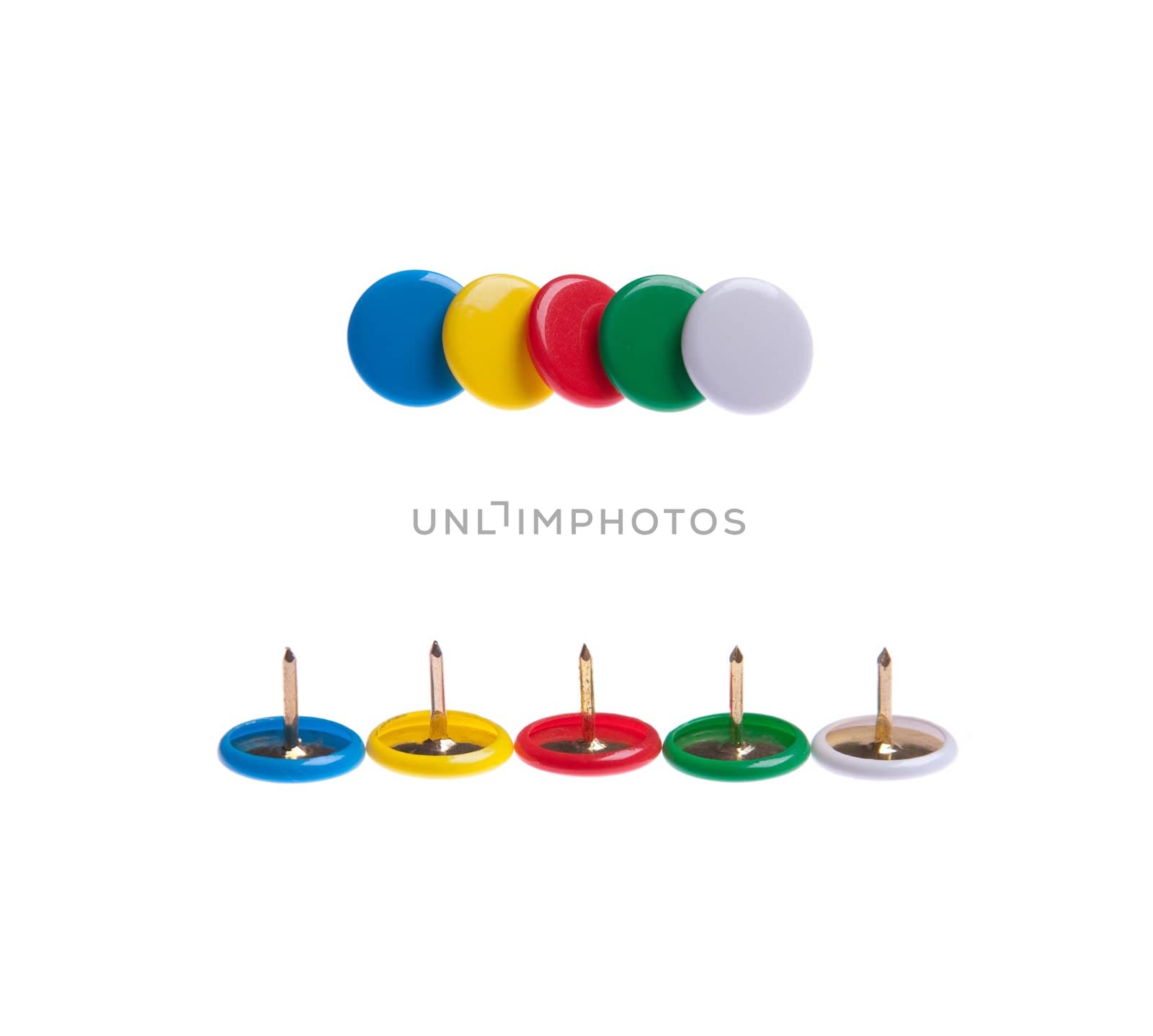 colored push pins (front and back) isolated on white background