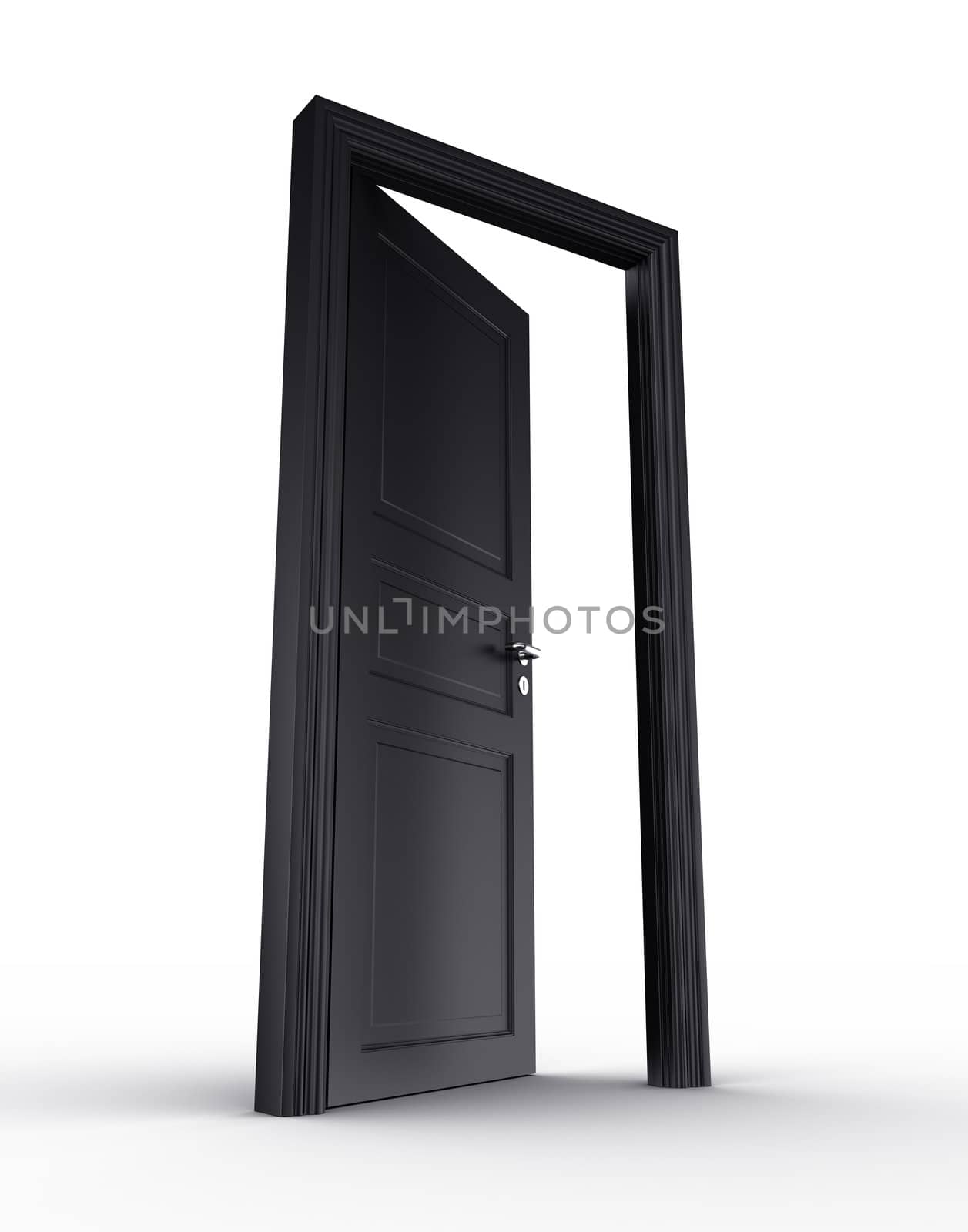 3d rendering of a black open door standing on a white floor