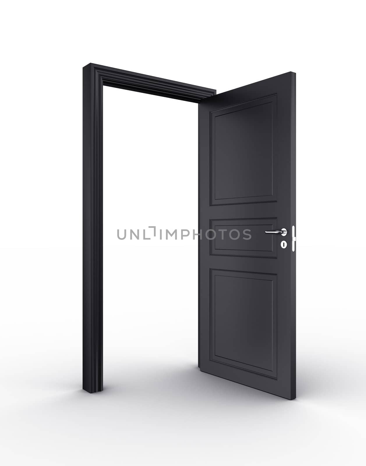 3d rendering of a black open door standing on a white floor