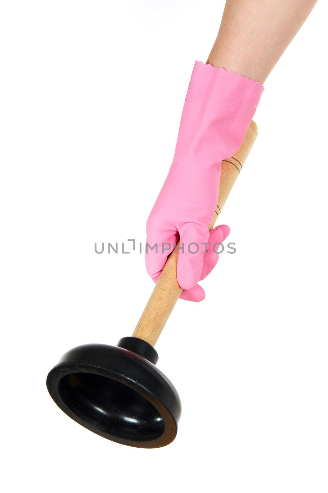 Female hand in a pink glove keeps a ventouse for the water drain, isolated, on a white background
