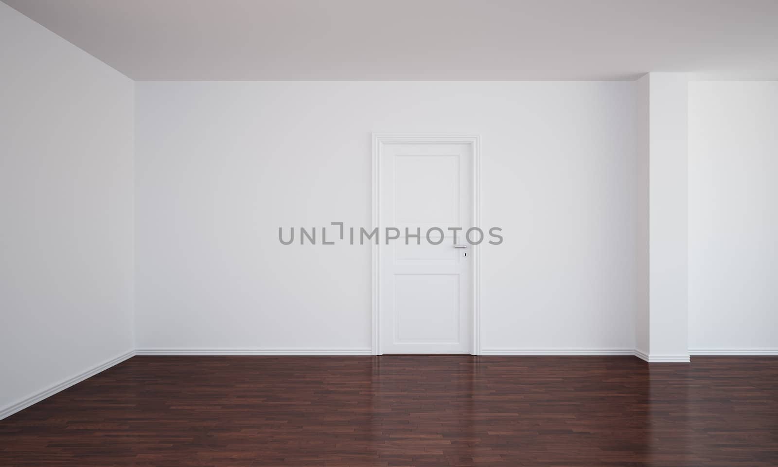 3d rendering of an empty room with dark wood floor and a closed door