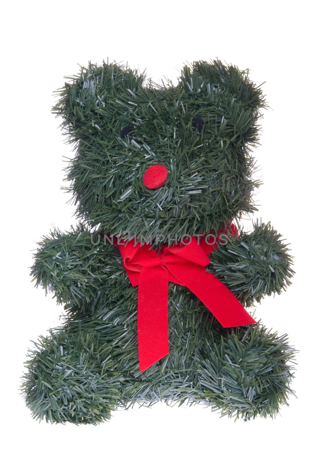 Christmas teddy bear toy with ribbon isolated on white background