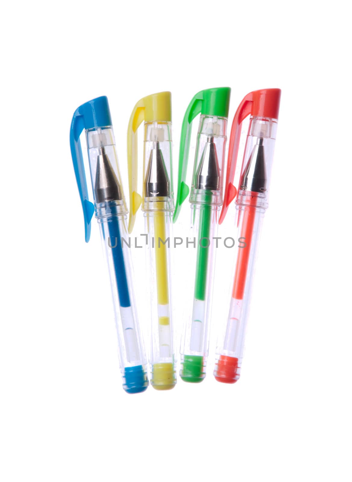 four colorful pens isolated on white background