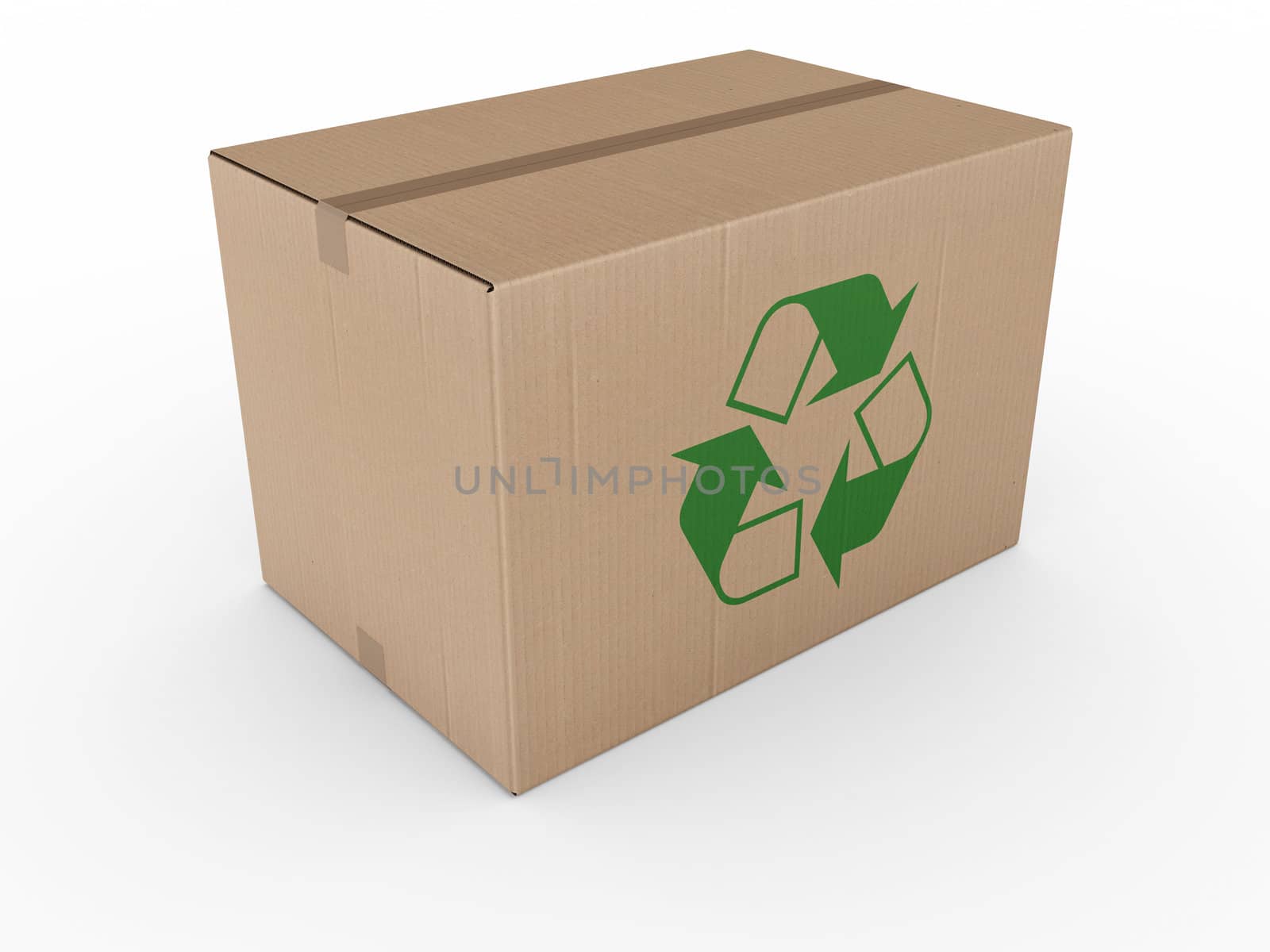 3d rendering of a cardboard box with a recycling logo.