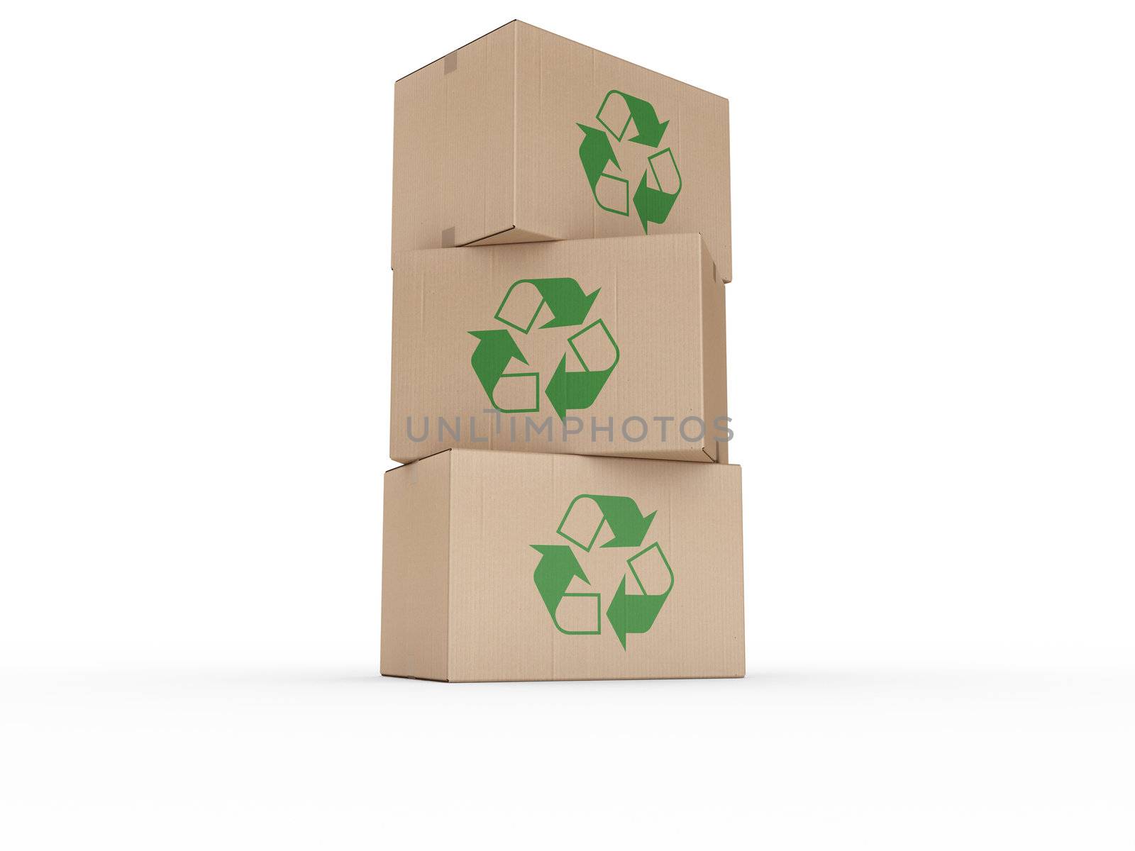 3d rendering of a cardboard boxes stacked with a recycling logo.