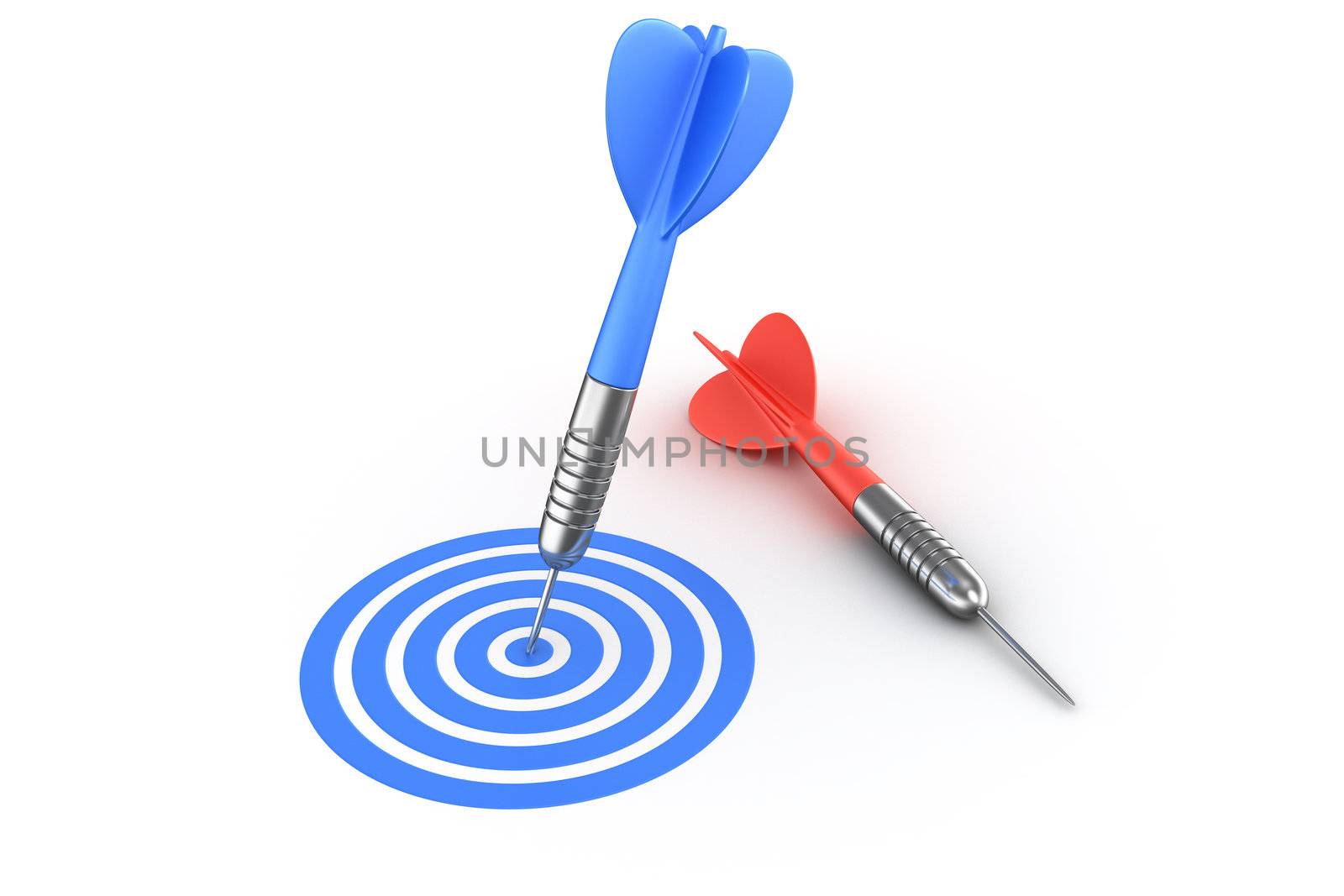 3d rendering of a dart hitting the target and one missed