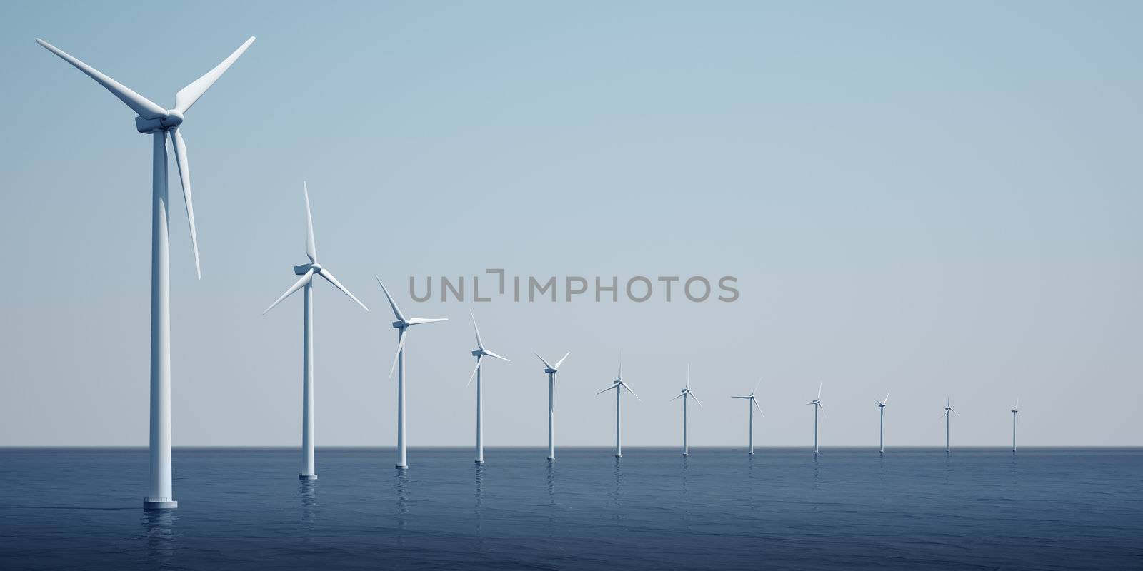 3d rendering of windturbines on the ocean