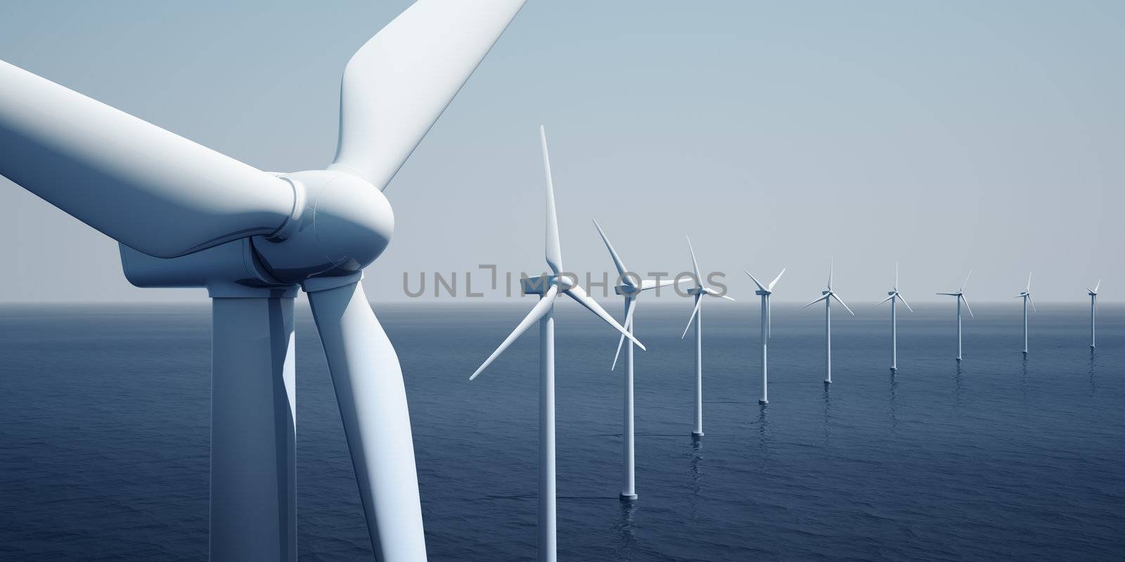 3d rendering of windturbines on the ocean