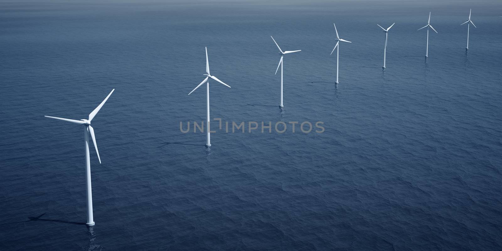 3d rendering of windturbines on the ocean