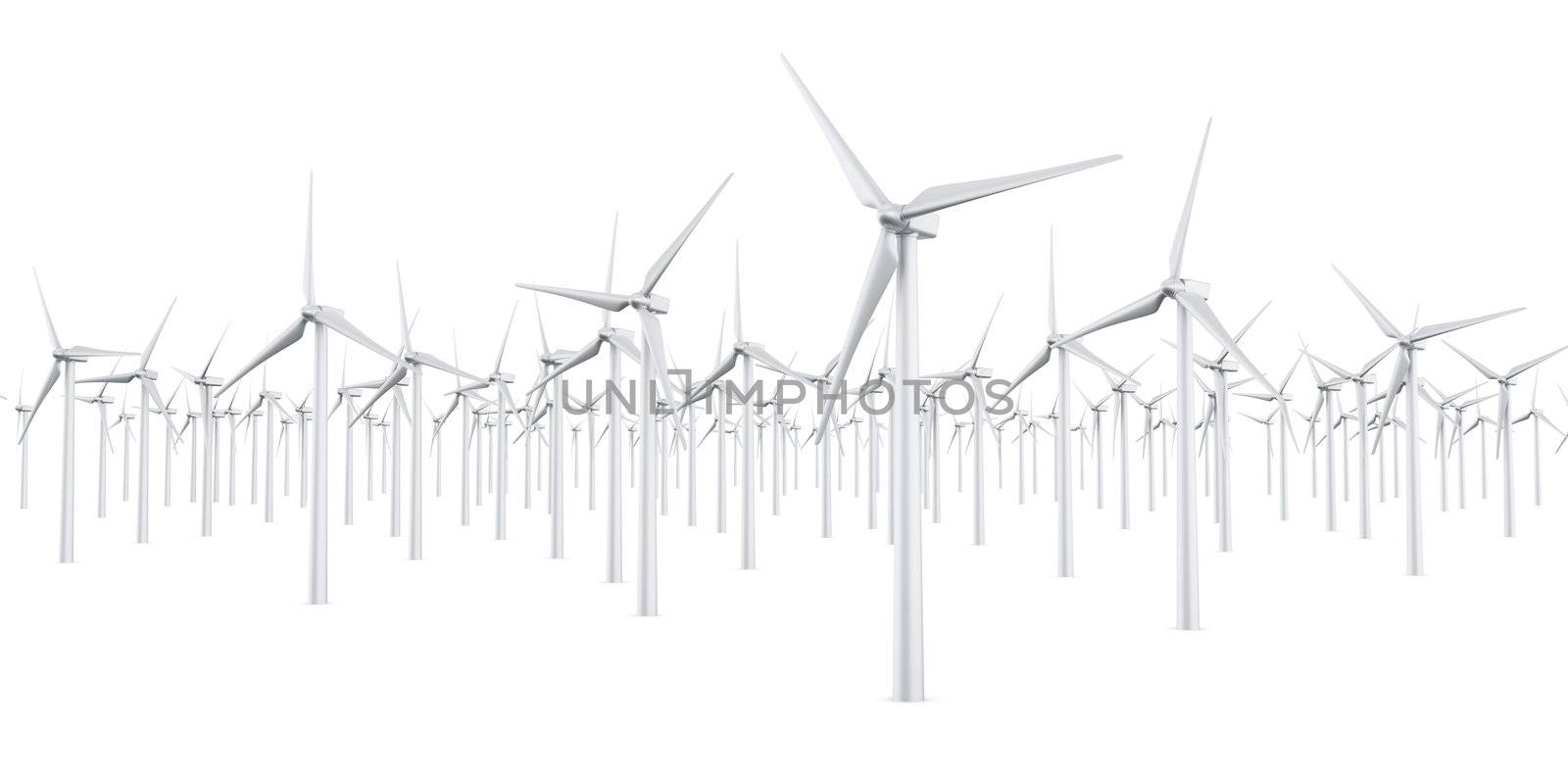 3d rendering of multiple wind turbines in a wite studio setup