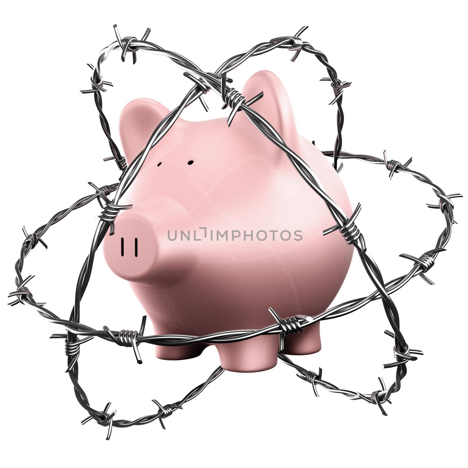 3d rendering of a piggybank wrapped in barbed wire