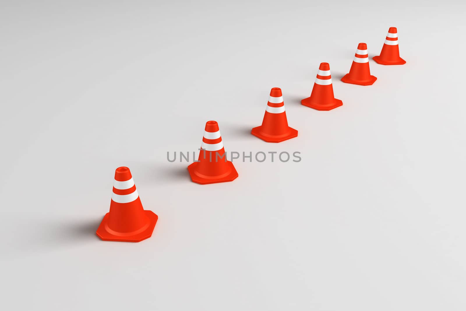 3d rendering of traffic cones on a line