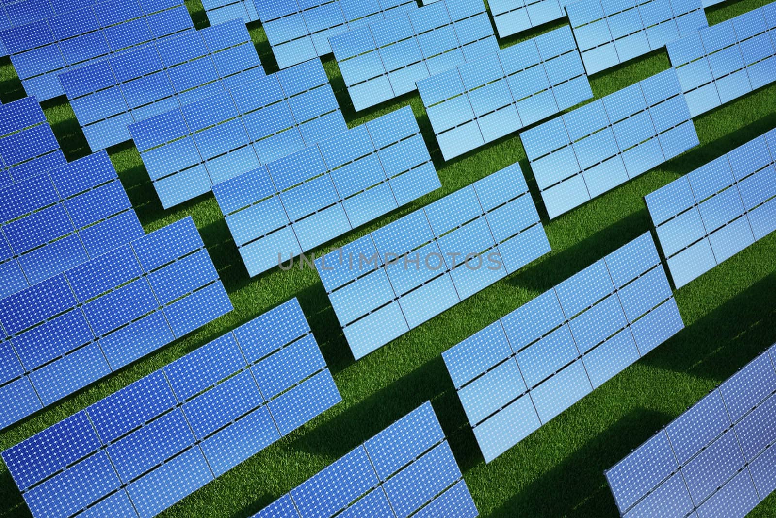 3d rendering of solar panels on a grass field