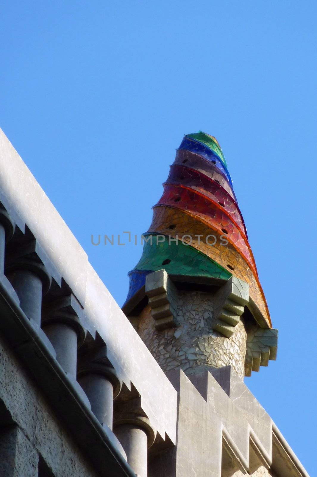 Colored detail of roof of Palace Guell, Barcelona, Spain