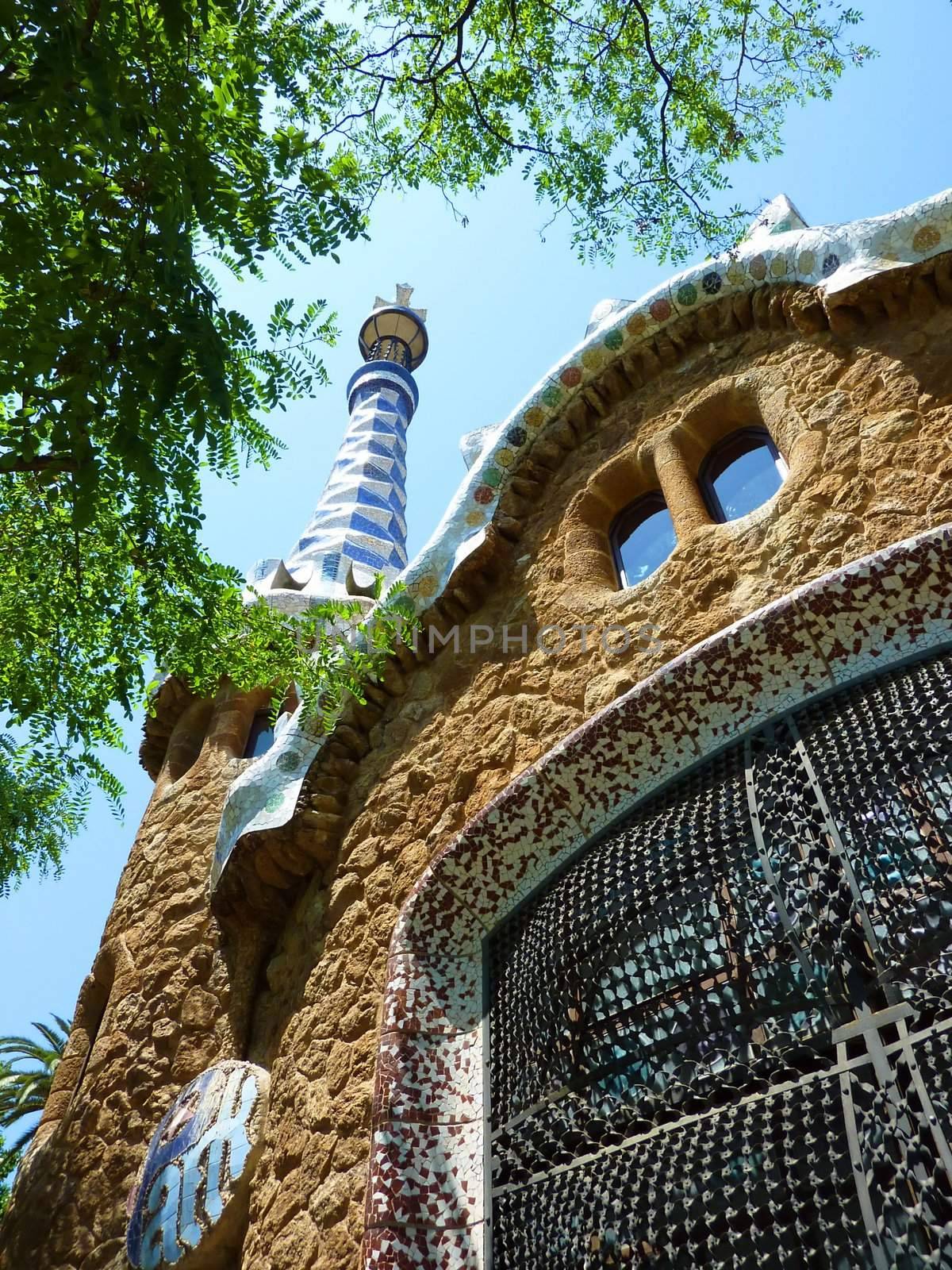 Colored facade of a house in Park Guell, Barcelona, Spain