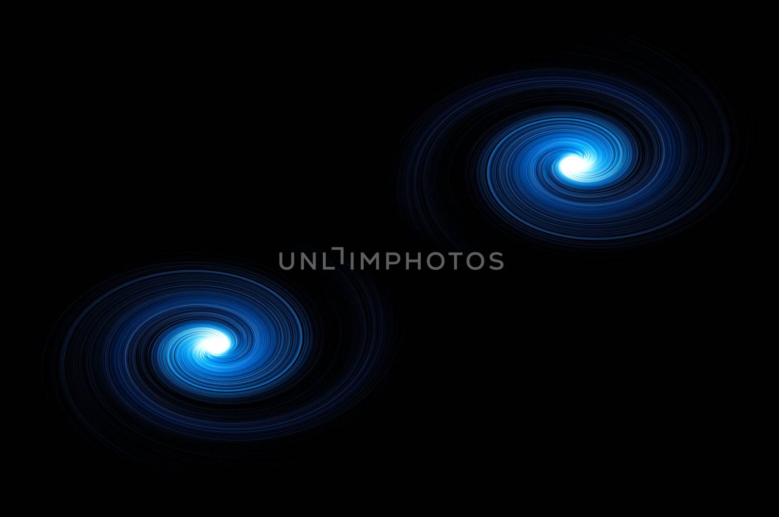 Two blue light swirls against black background