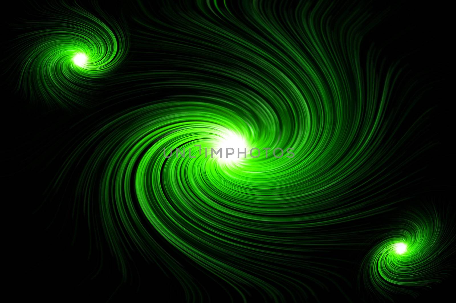 Abstract green swirling lights against black background.