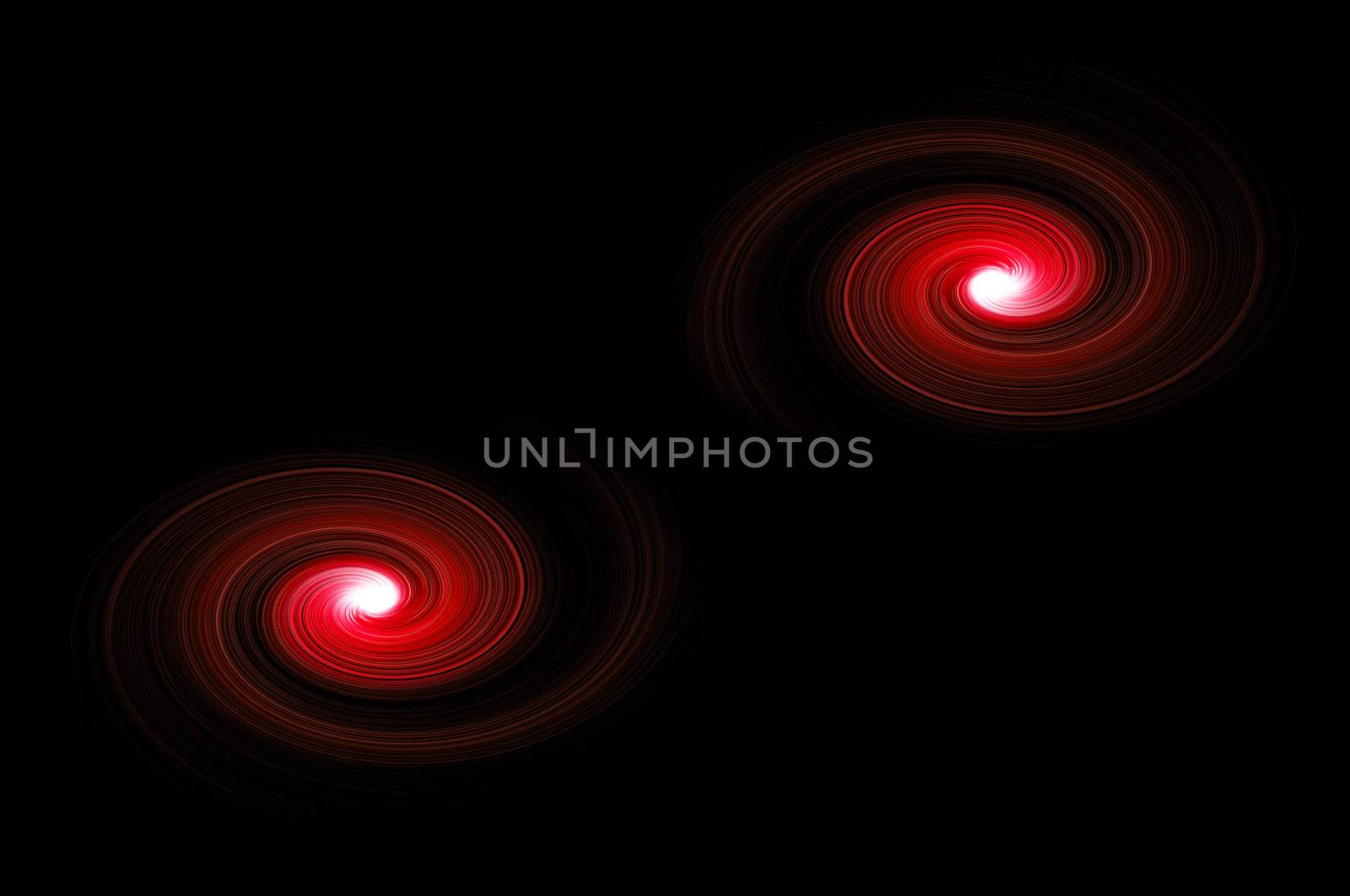 Two red light swirls against black background