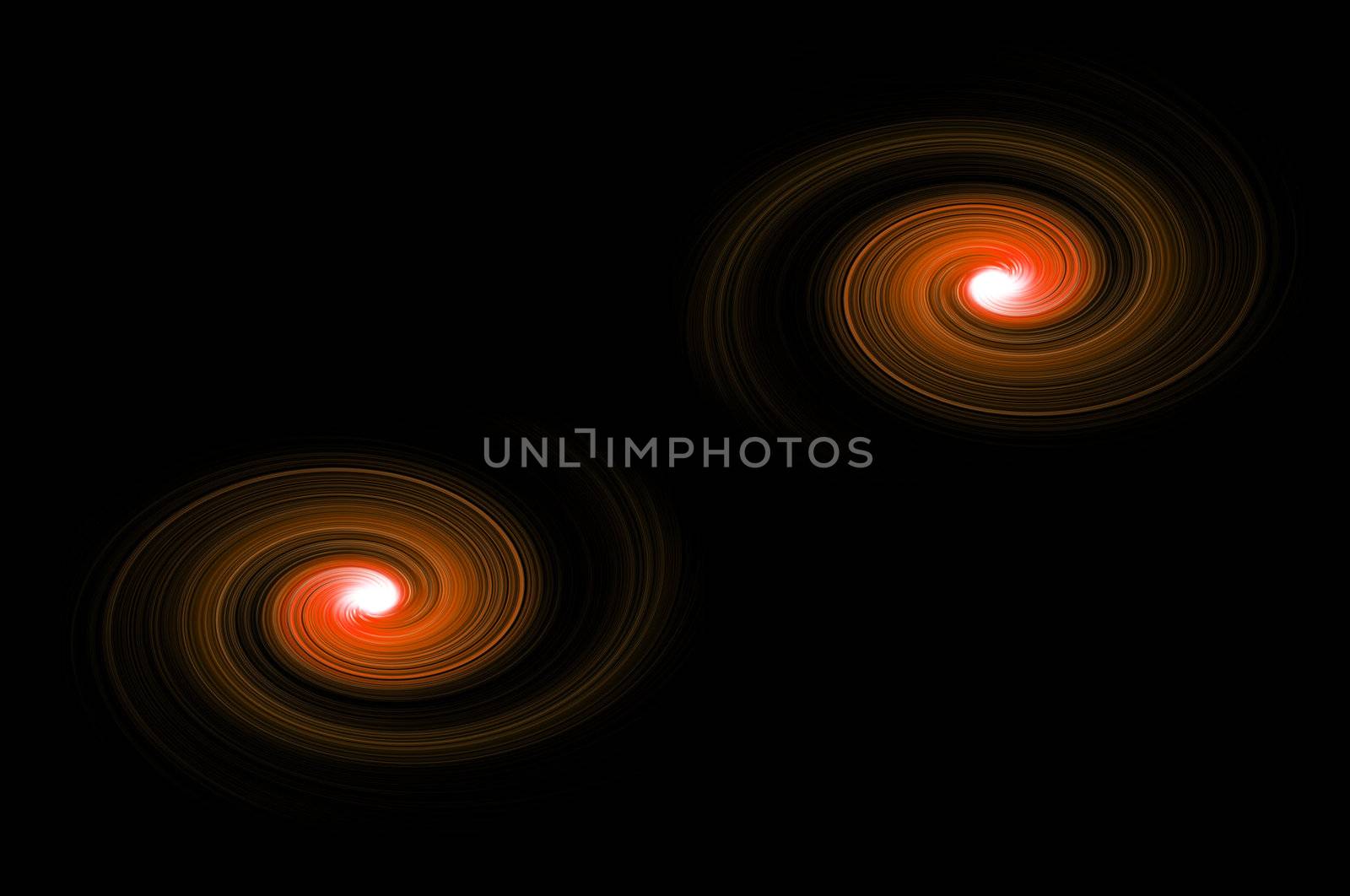 Two orange light swirls against black background