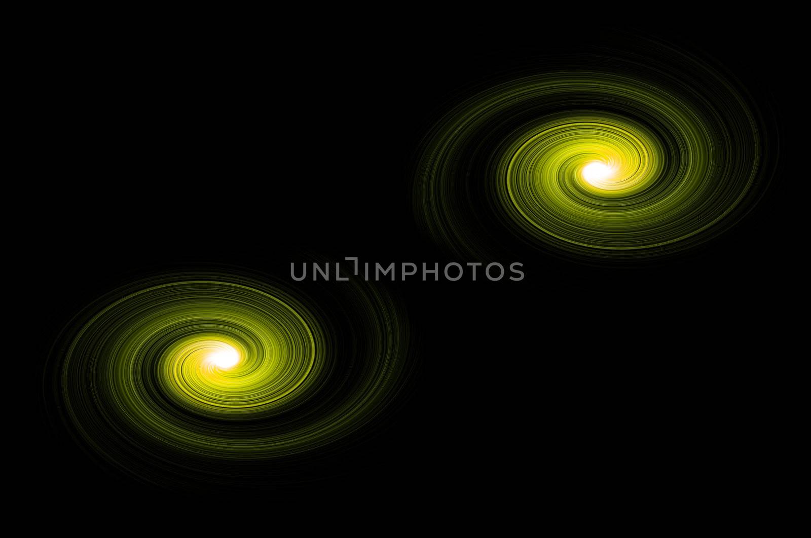 Two yellow light swirls against black background